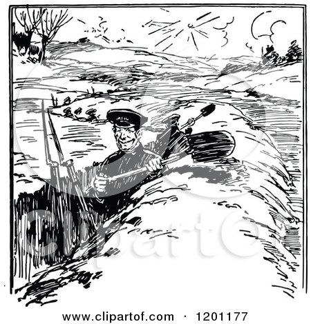 Clipart Of A Vintage Black And White Soldier Digging A War Trench