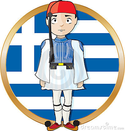 Greek Evzone Standing At Attention In Frontof A Greek Flag