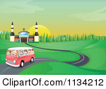 In A Kombi Van On A Road By A Church Royalty Free Vector Clipart