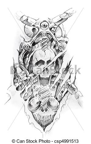 Tattoo Art Sketch Of A Machine And Skull Csp4991513   Search Clipart    