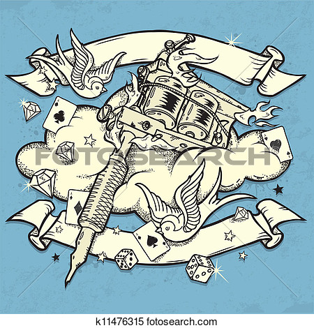 Tattoo Machine Illustration With Different Elements In Old School