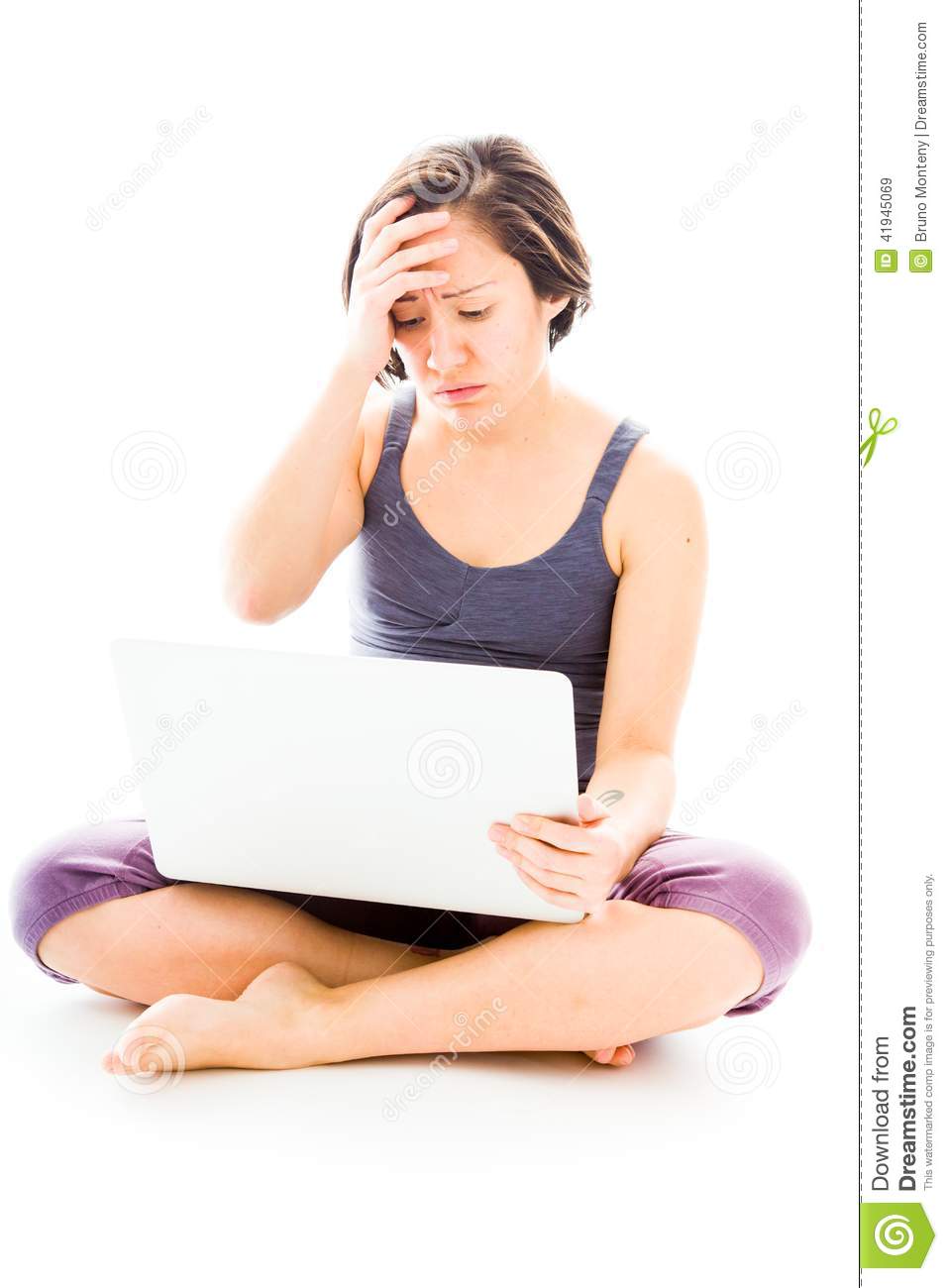 Young Woman Looking Stressed Using Laptop Stock Photo   Image    
