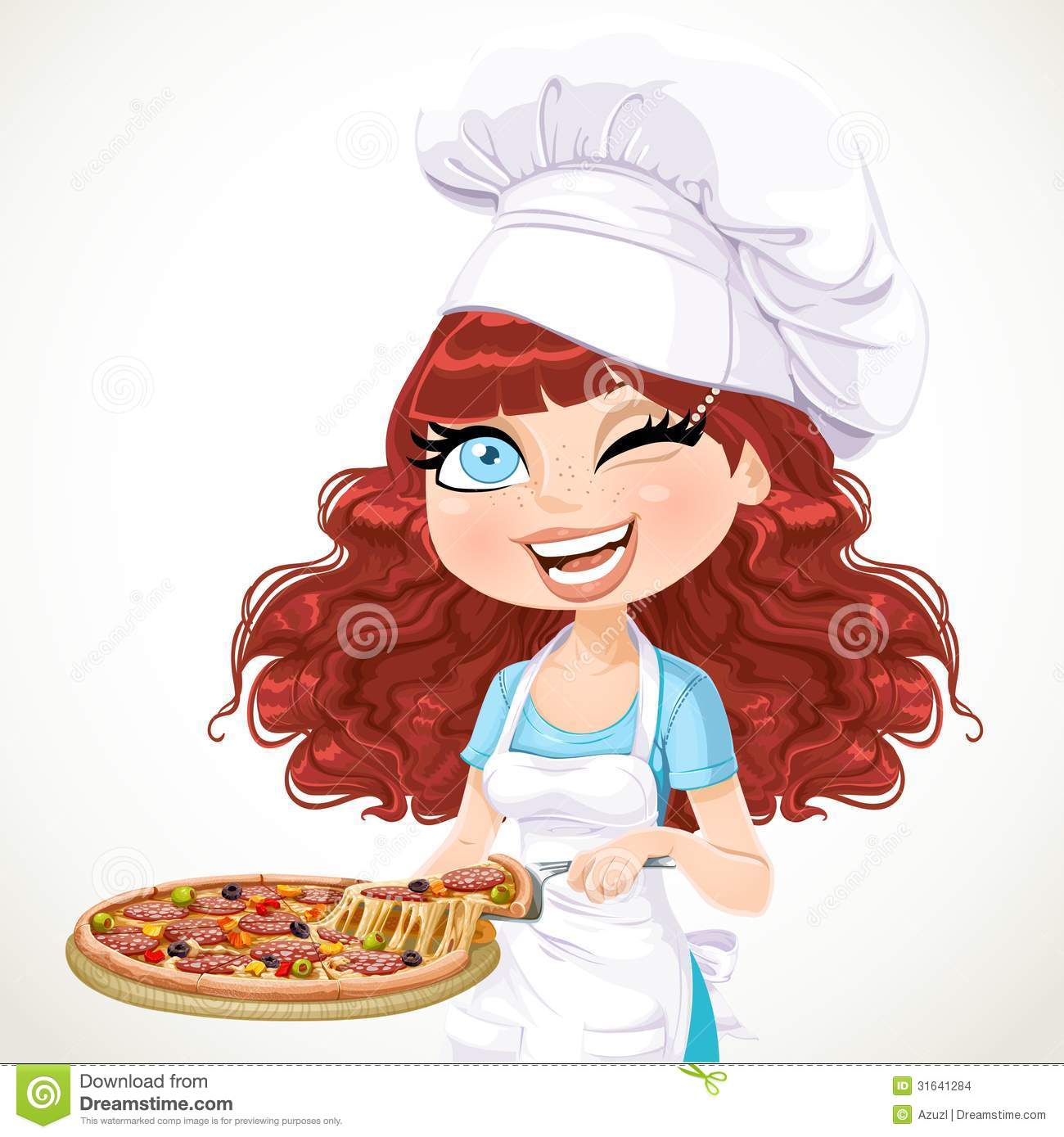 Cute Curly Hair Girl Chef Offers A Taste Of Pizza Stock Images   Image