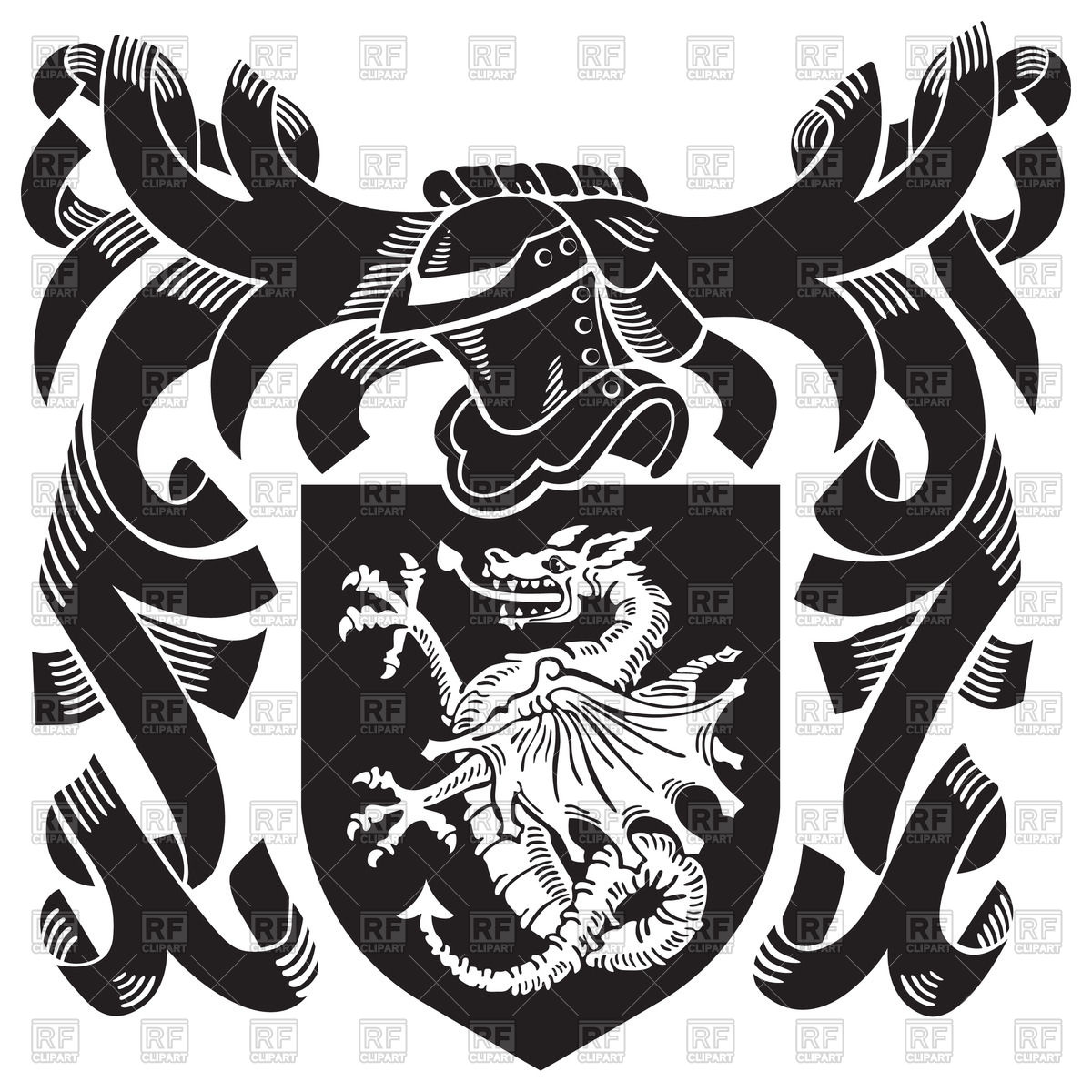 Medieval Heraldic Emblem   Shield With Wyvern And Decorations