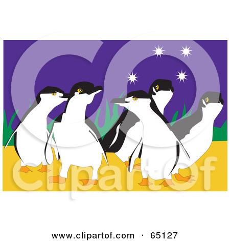 Rf  Clipart Illustration Of A Group Of Happy Penguins Under The Stars