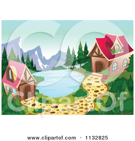 Cartoon Of Cabins Above A Lake   Royalty Free Vector Clipart By    