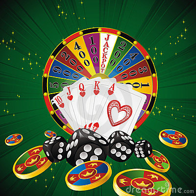 Casino Symbols Fortune Wheel Chips Dice And Cards On Green Strip
