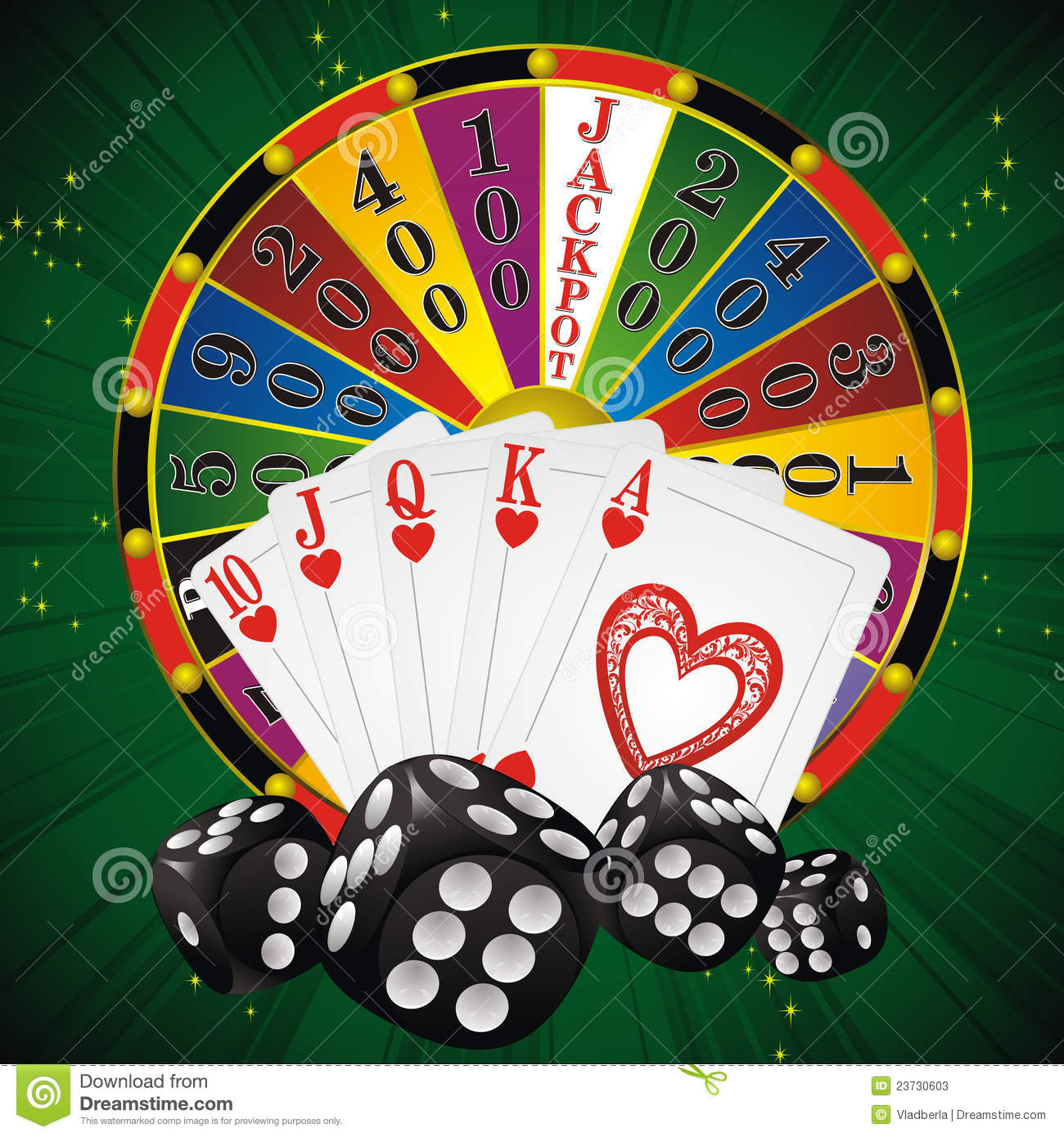 Casino Symbols Fortune Wheel Dice And Cards On Green Strip Background