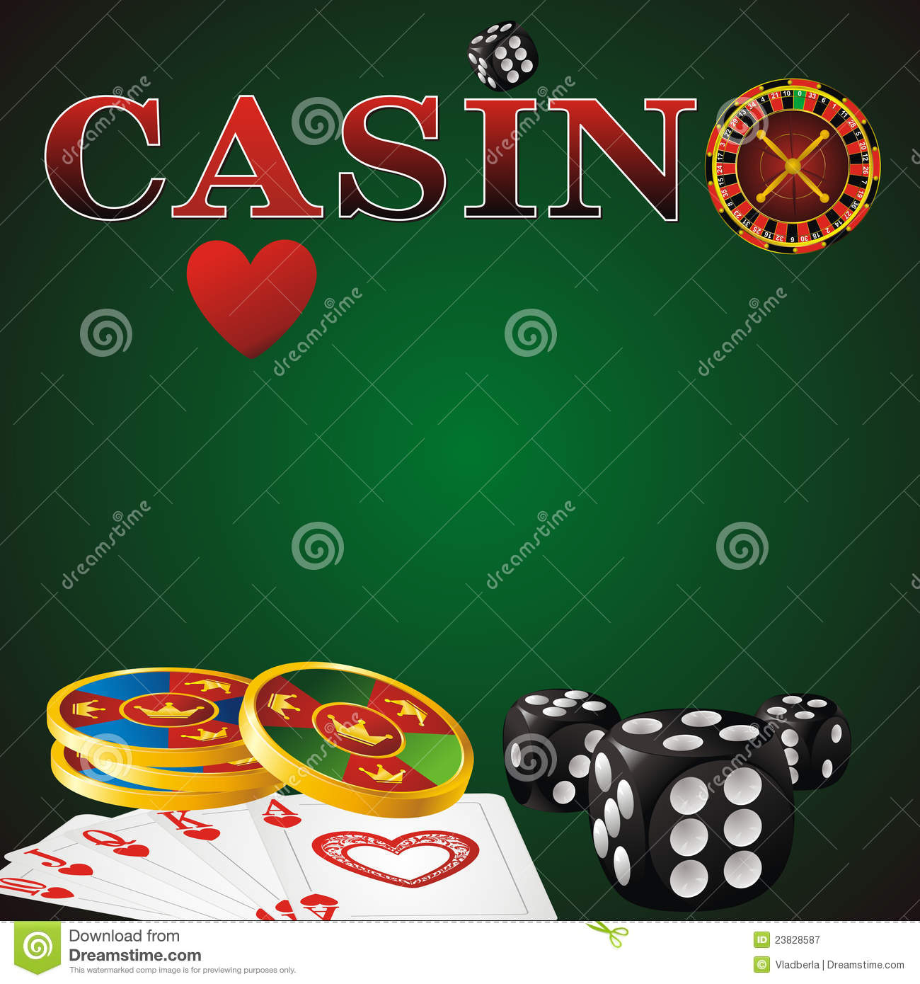 Casino Symbols Roulette Wheel Dice And Chips On Green Strip    