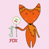 Cute Candy Little Fox  Kids Birthday Card Design  Vector Illustration
