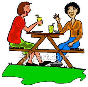 Two Friends Having Lunch At A Picnic Table   Royalty Free Clipart