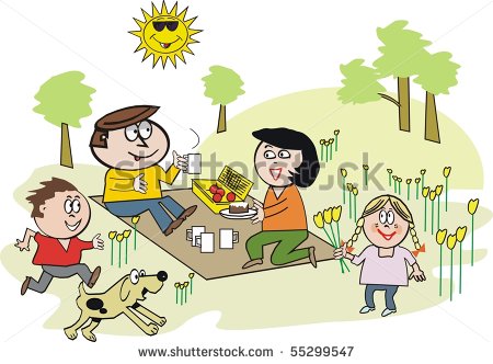 Vector Cartoon Of Happy Family Enjoying Picnic In Rural Surroundings    