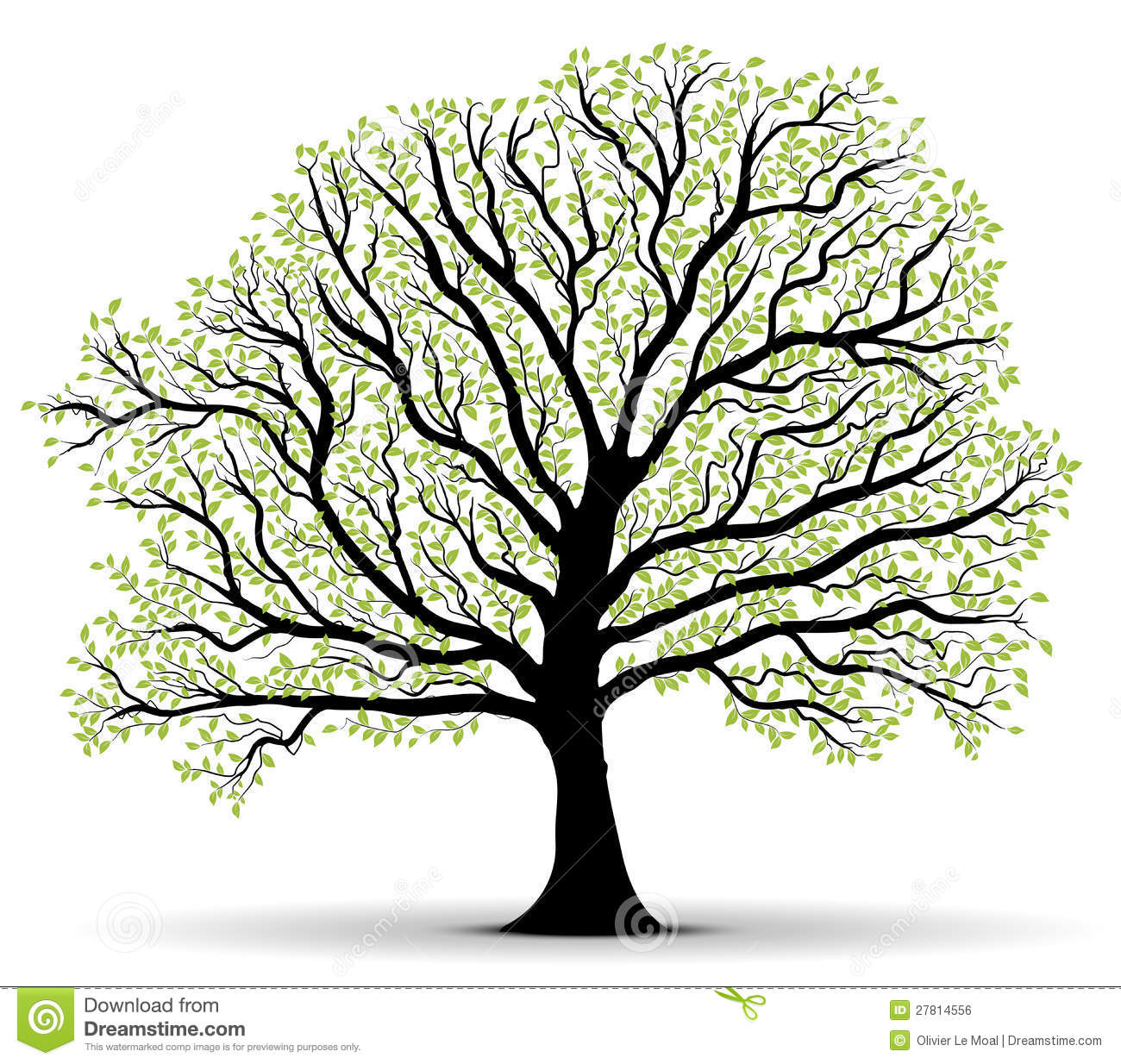 Big Vector Tree Silhouette With Green Foliage Over White Background