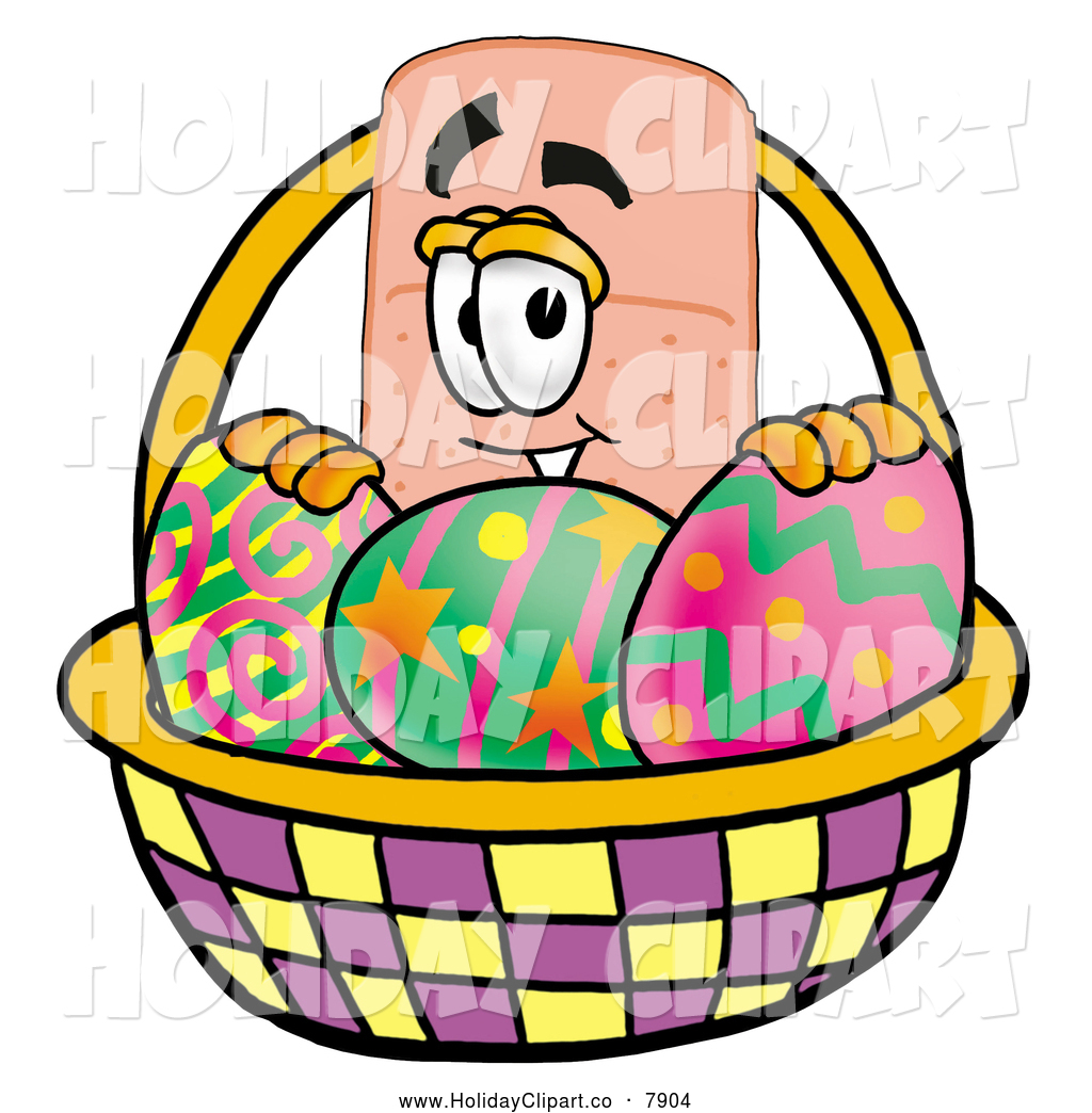 Cartoon Character In An Easter Basket Full Of Decorated Easter Eggs