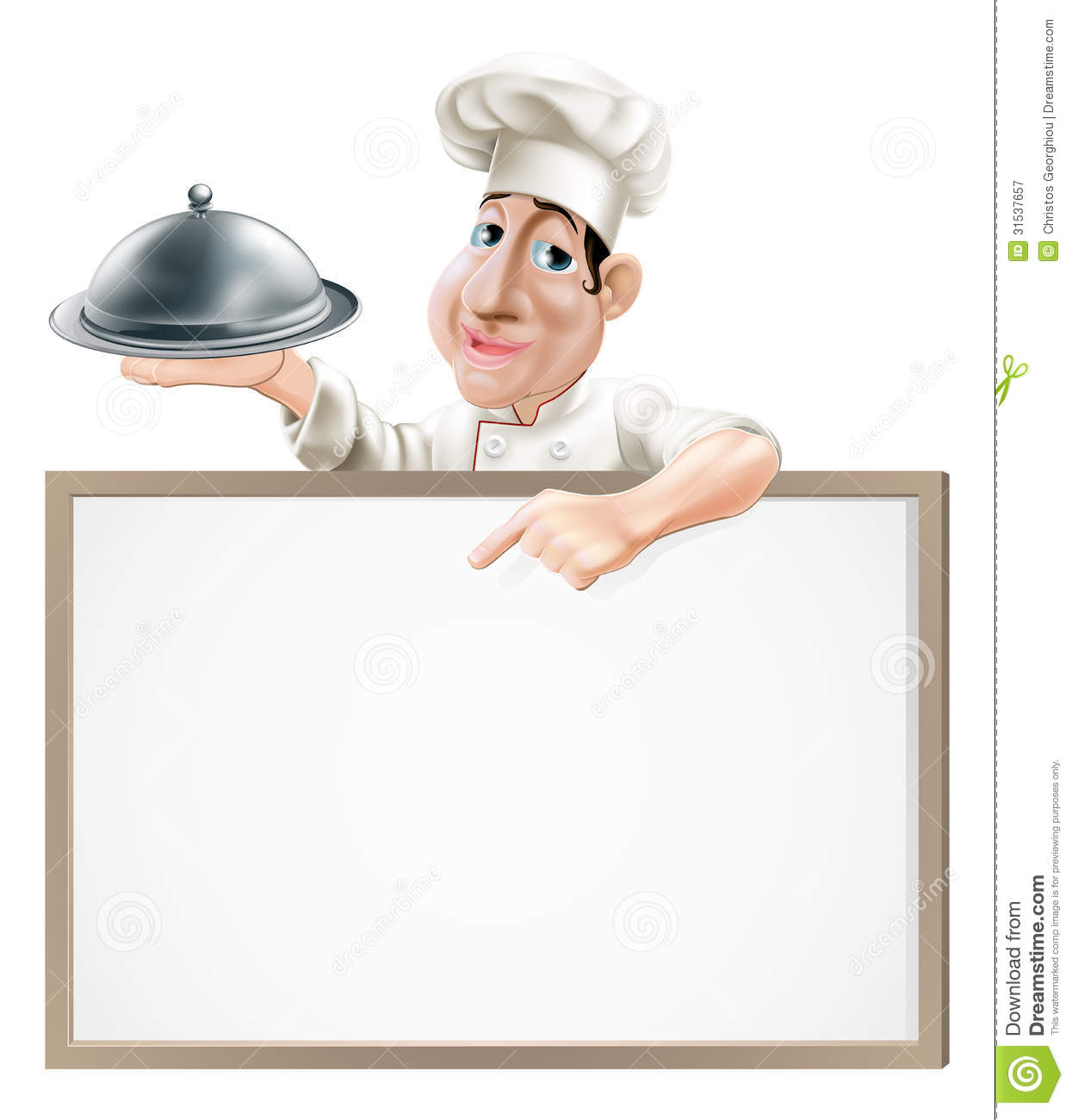 Cartoon Chef Character Holding A Silver Platter And Pointing At A