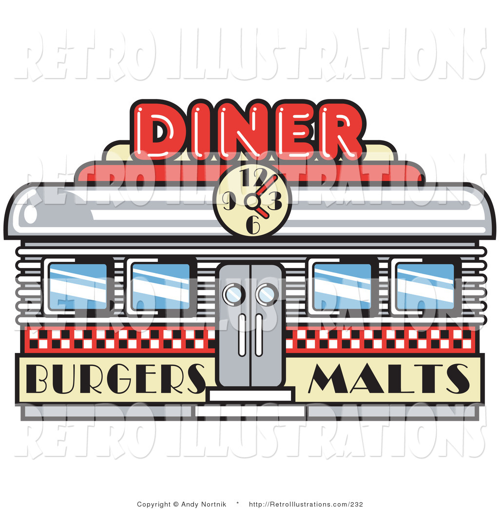 Diner Building With A Clock On It And Signs Advertising Burgers And