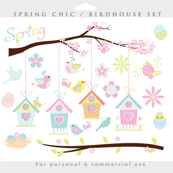 Spring Clipart   Bird Birdhouse Clip Art Easter Birdies Whimsical