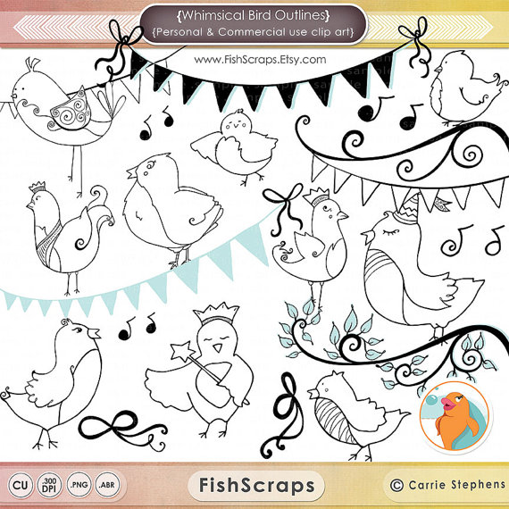 Whimsical Bird Doodles Bird Digital Outline Stamps Png Clip Art