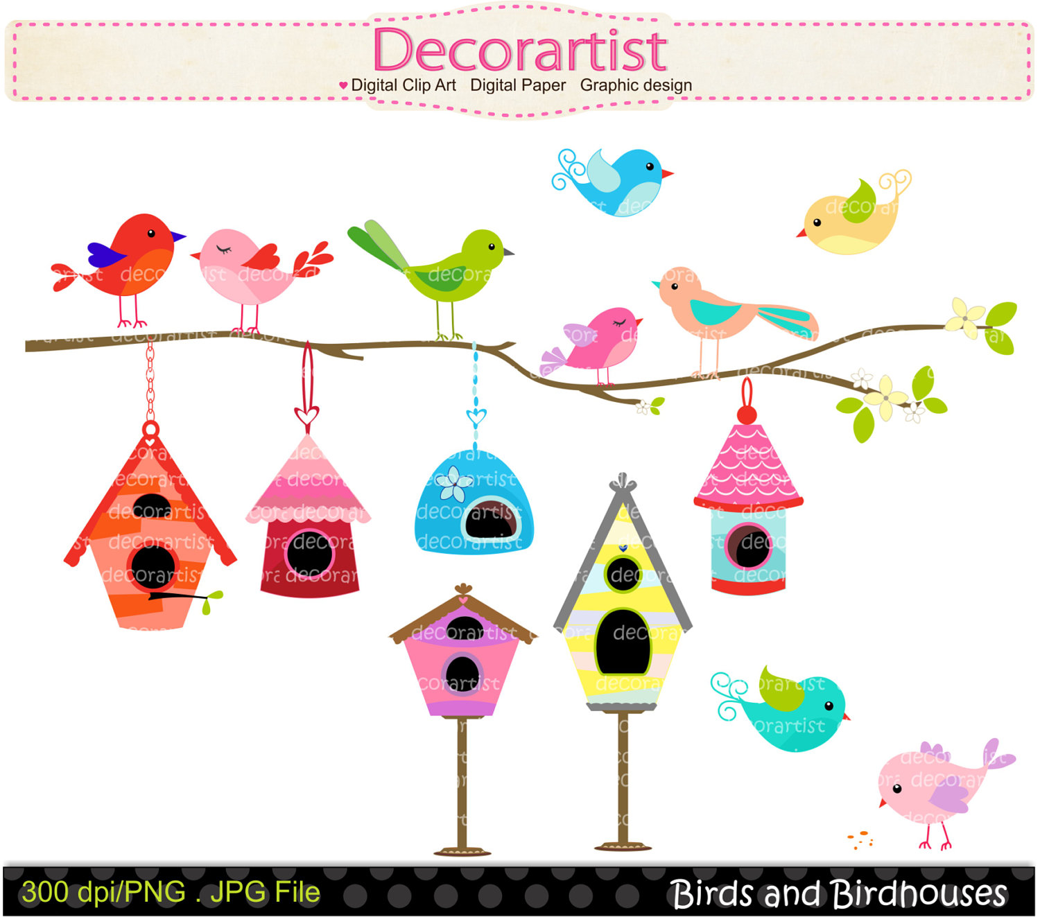 Whimsical Birdhouse Clipart Digital Clip Art Birds And