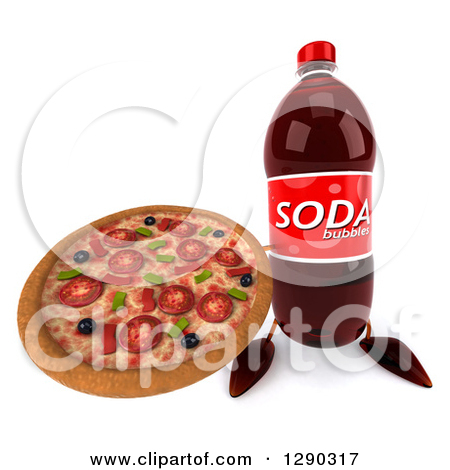 Clipart Of A 3d Soda Bottle Character Holding Up A Pizza   Royalty