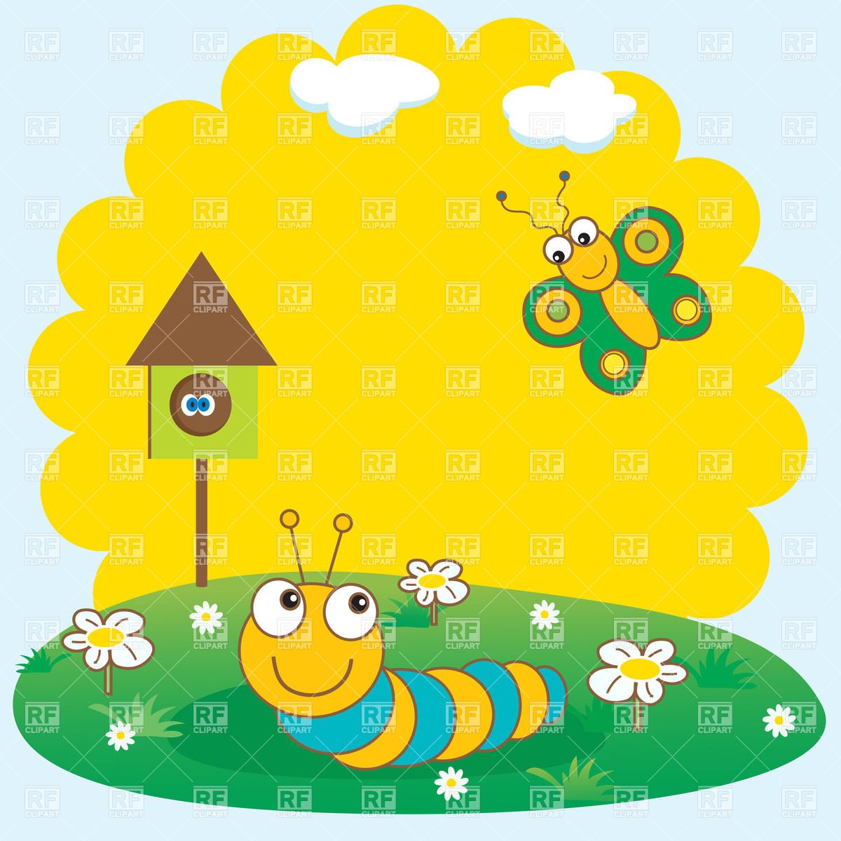 Spring Card With Cartoon Caterpillar And Butterfly On Floral Glade