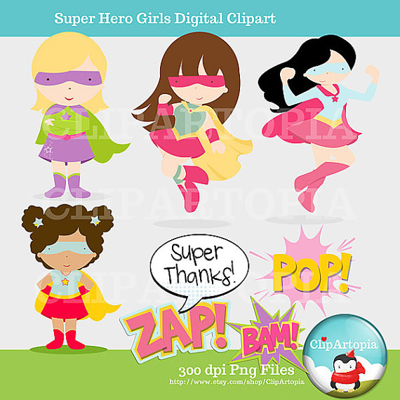 Super Hero Girls Supergirls Cute Digital Clipart For Card Design    