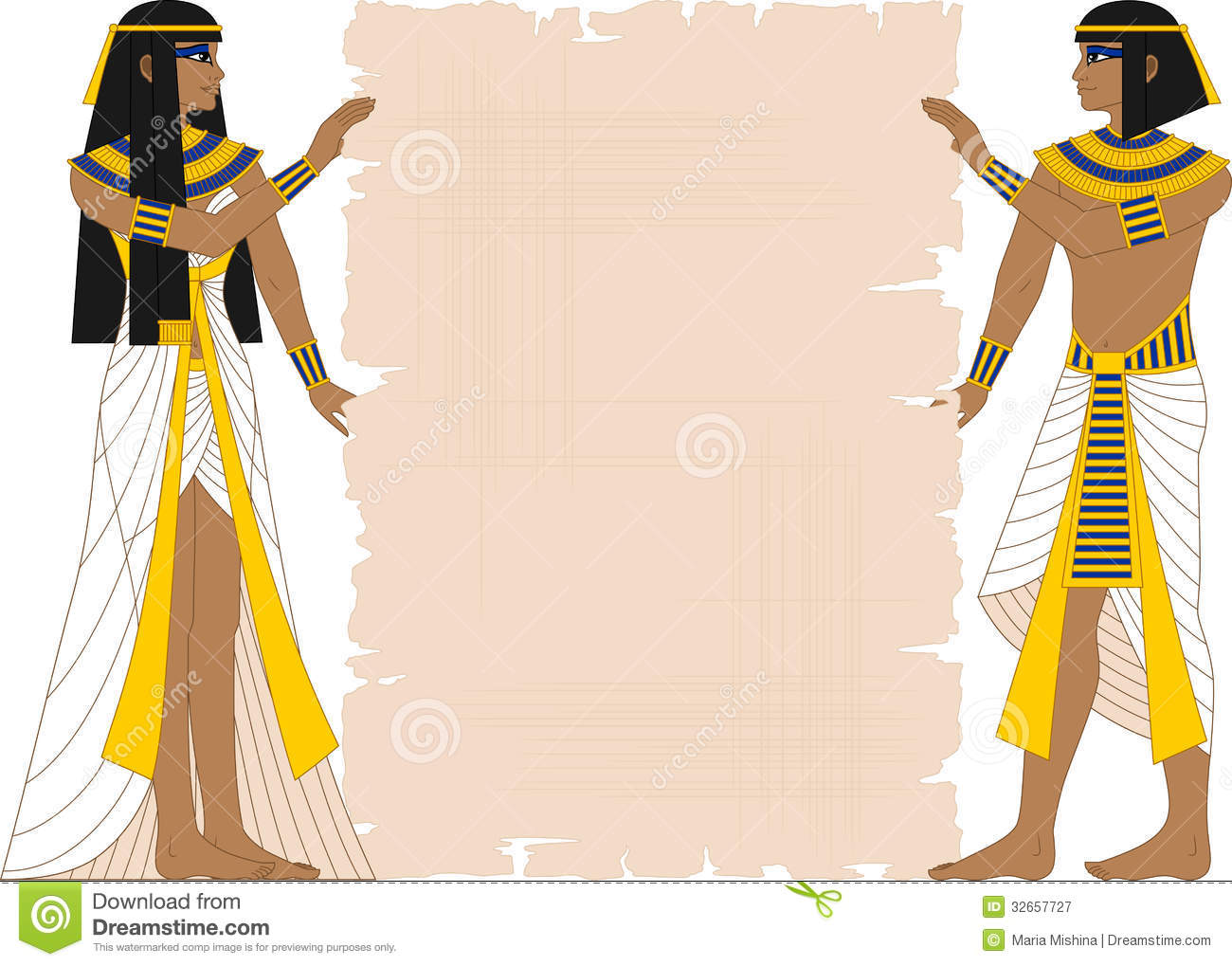 Vector Illustration Of Egyptian Woman And Man Holding Papyrus On White