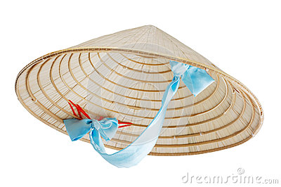 Vietnamese Conical Hat With Blue Ribbon Isolated On White Studio Shot    