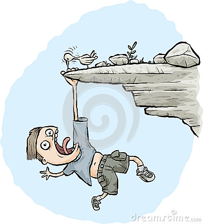 Cartoon Young Man Hangs From A Rock Ledge While A Small Bird Pecks