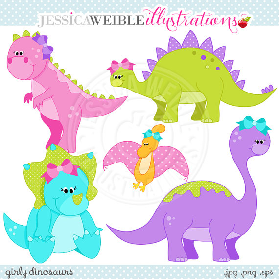 Girly Dinosaurs Cute Digital Clipart   Commercial Use Ok   Dinosaurs
