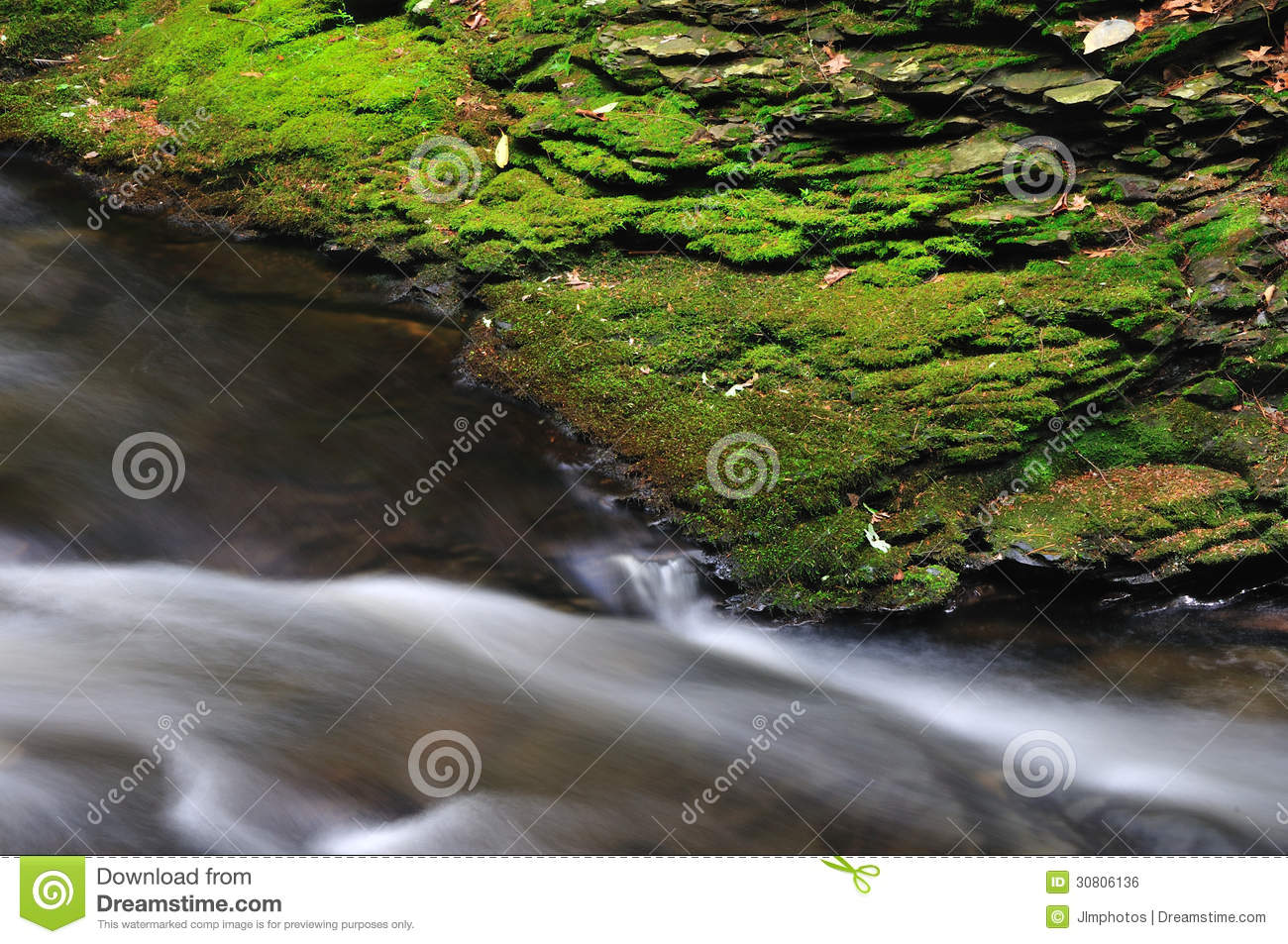 Grees Moss Covered Rock Ledge Over A Flowing Brook Royalty Free Stock