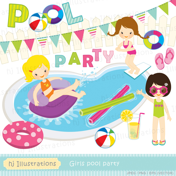 Hj Illustrations  Girls Pool Party Digital Clipart   Matching Digital