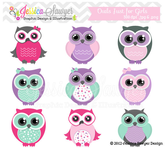 Instant Download Cute Owl Clipart Girly Pink Clip Art Bird Graphic
