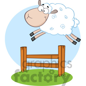 Clipart Illustration Funny White Sheep Jumping Over The Fence Clipart