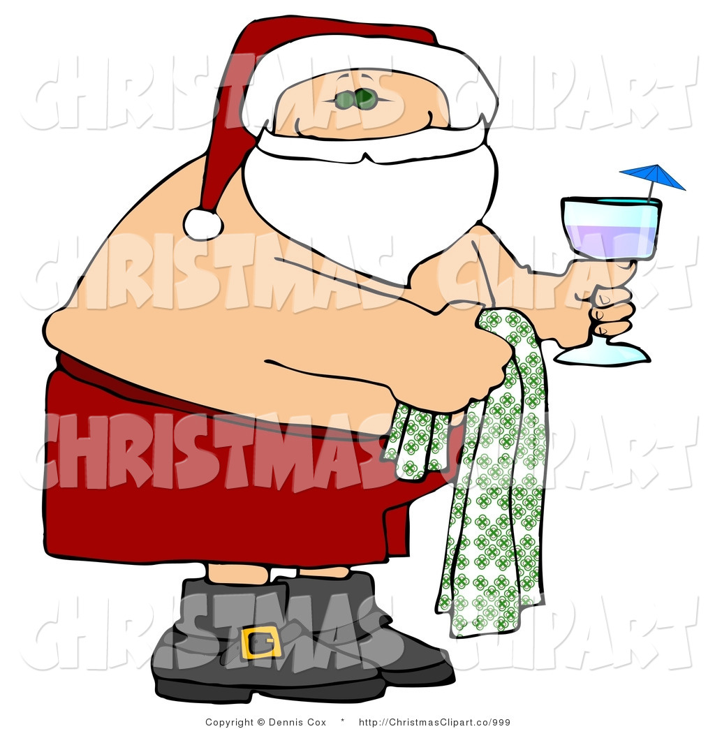 Clipart Of Santa Claus On Vacation Holding An Alcoholic Drink And His