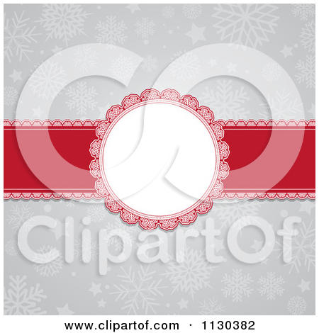 Round Christmas Frame And Red Ribbon Over Gray Snowflakes