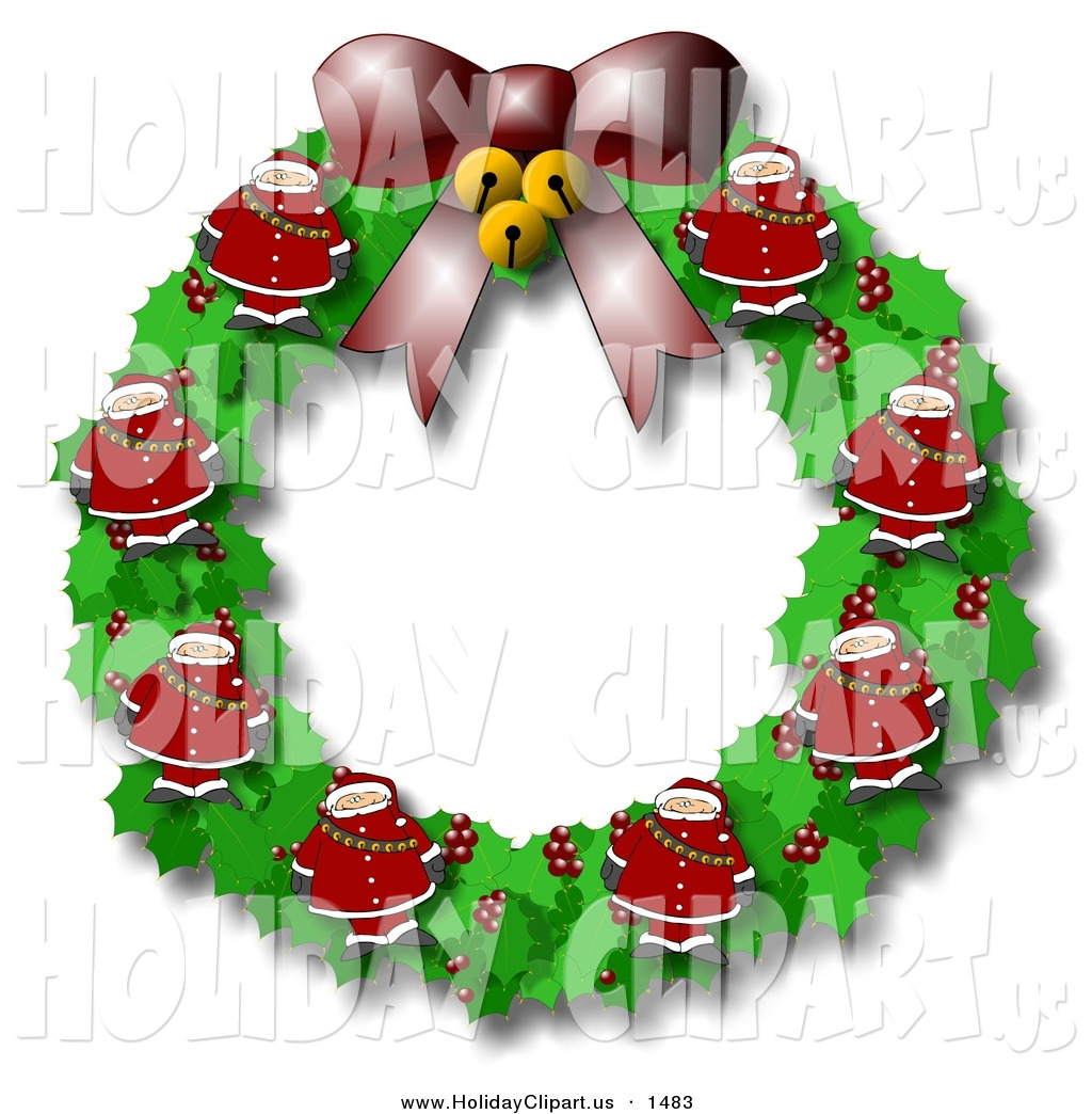 Round Festive Christmas Wreath With Holly Bells A Bow And Santas By