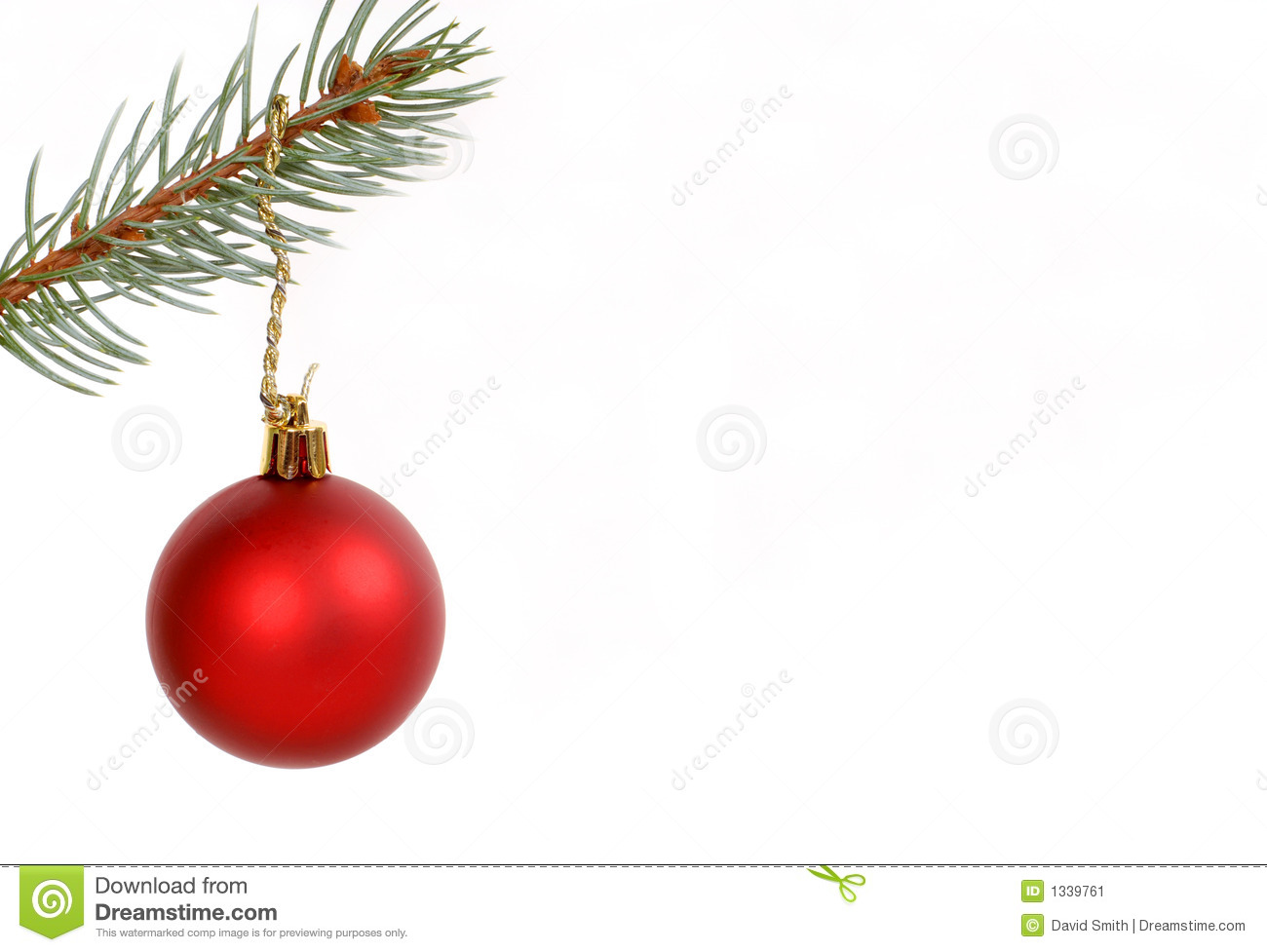 Round Red Christmas Ornament Hanging From Evergreen Branch Stock Image