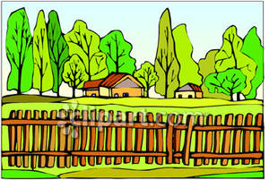 Rural Home Behind A Picket Fence   Royalty Free Clipart Picture