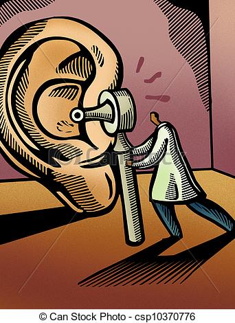 Stock Illustration   Doctor Looking Through An Otoscope At A Giant Ear