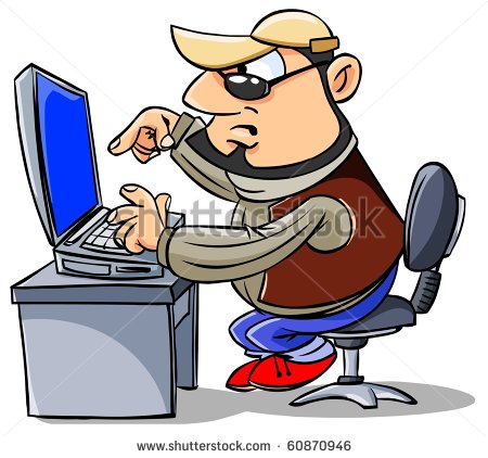 Cartoon Man Sitting At Desk Typing On Keyboard Looking At Computer