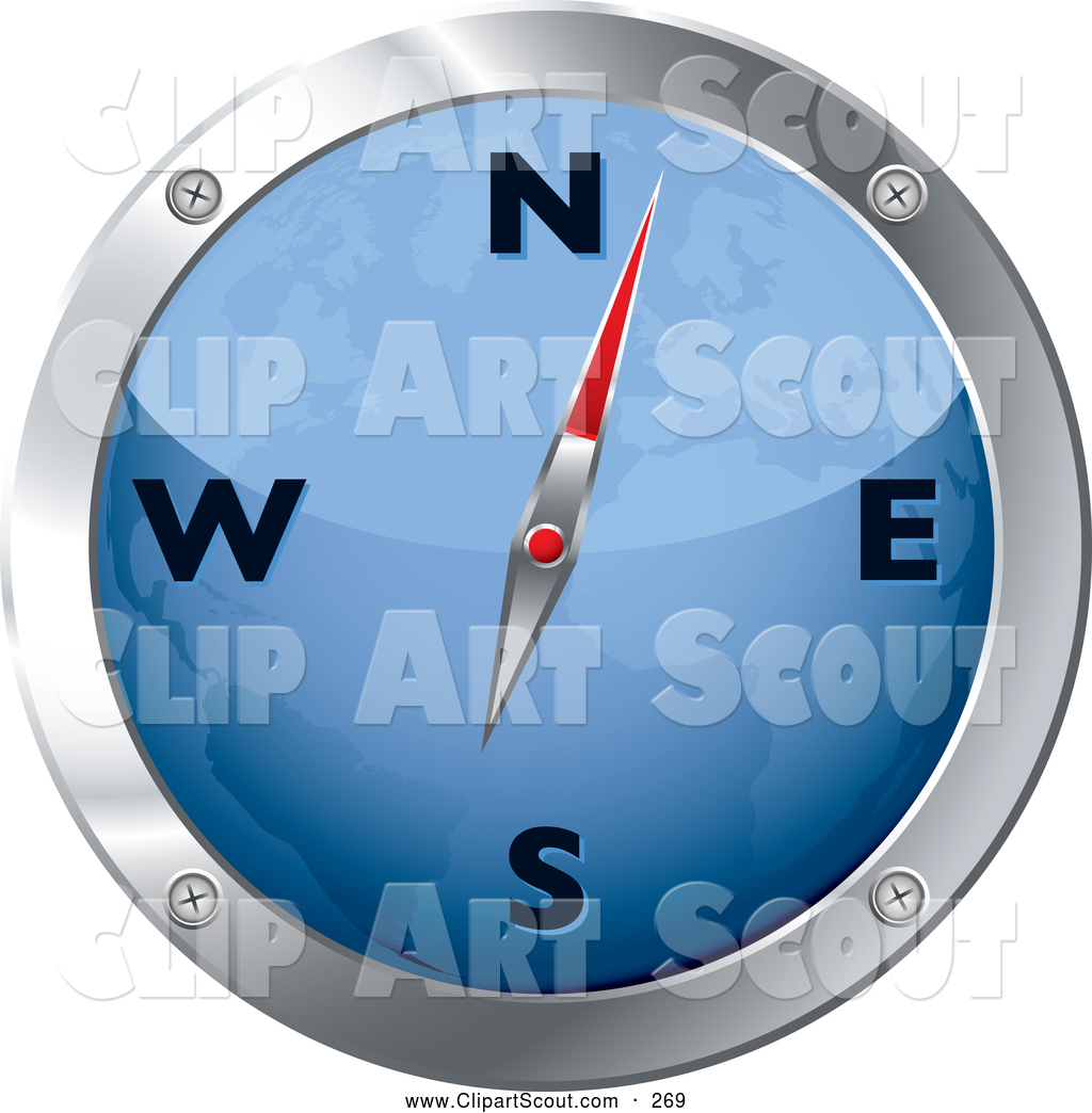 Larger Preview  Clipart Of A Blue And Chrome Map Compass On White By