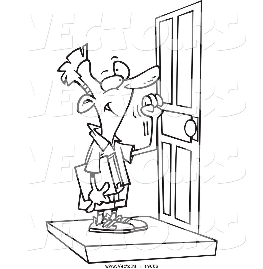 Vector Of A Cartoon Boy Knocking On A Door Outlined Coloring Page By