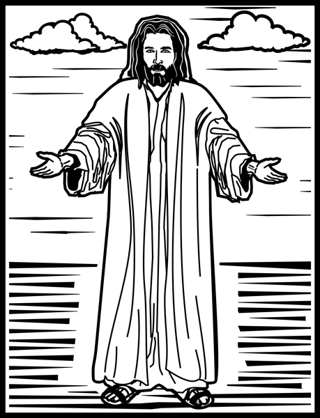 Woodcut Style Picture Of Jesus Christ With Open Arms 