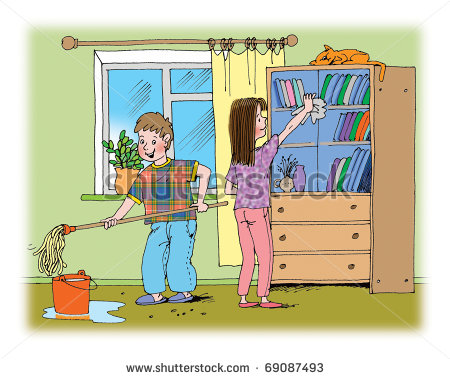 About Boy And Girl Doing The Cleaning In The Room  On White Background