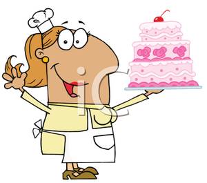 Bakery Chef Holding A Three Tiered Cake   Royalty Free Clipart    