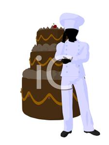 Bakery Chef Standing Next To A Chocolate Tiered Cake   Royalty Free    