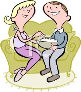 Couple Sitting On A Sofa Eating Popcorn   Royalty Free Clipart    