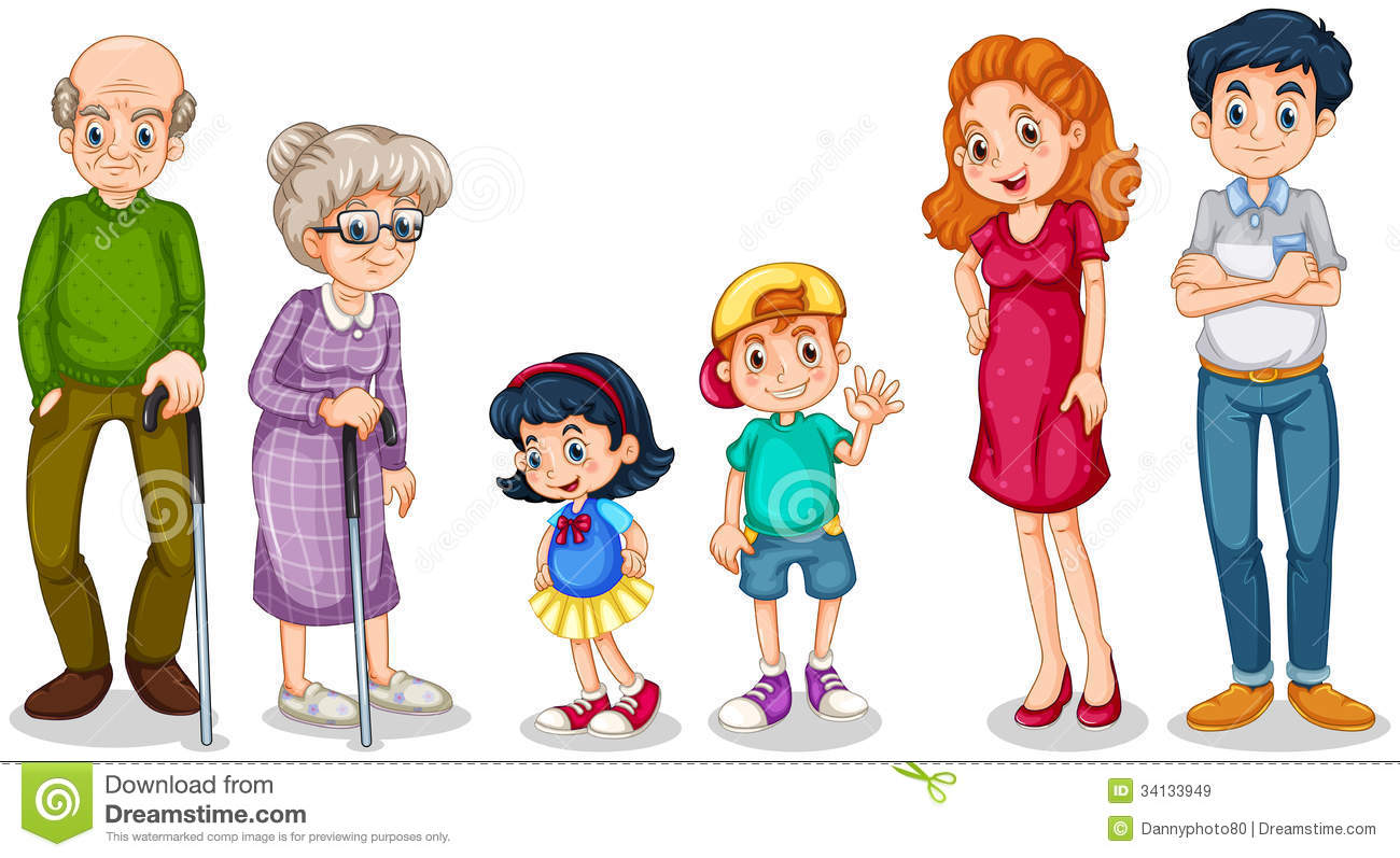 Illustration Of A Happy Family With Their Grandparents On A White