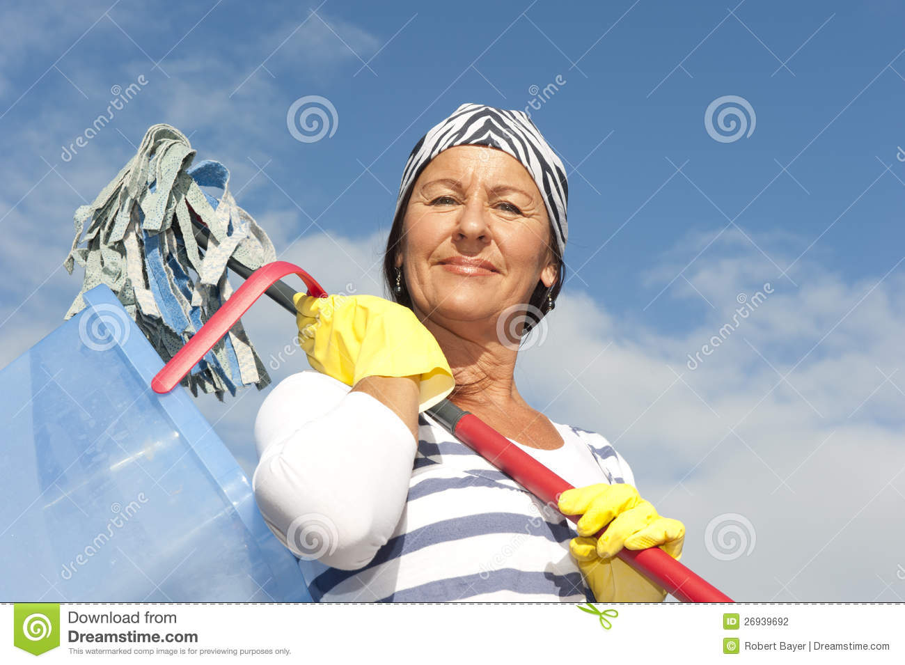 Portrait Mature Cleaning Lady Outdoor At Spring Time With Bucket Mop